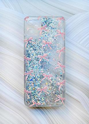 Чехол с плавающими серебряными блестками на samsung galaxy a05 (a055) бантики (принт 404)