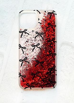 Чехол с плавающими красными блестками на iphone 14 бантики (принт 405)