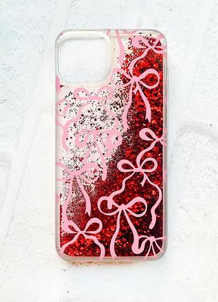 Чехол с плавающими красными блестками на iphone 14 бантики (принт 406)