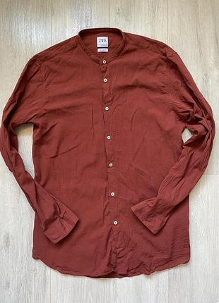 Чоловіча сорочка zara, колір теракотовий, бавовна, жатка