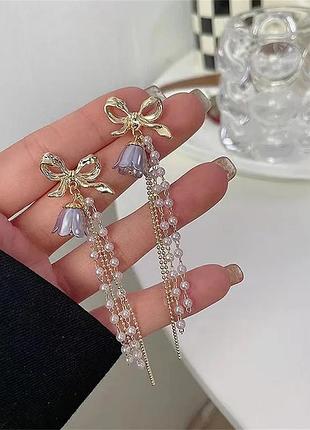 Серьги цветочки подвески цепочки бусинки 7