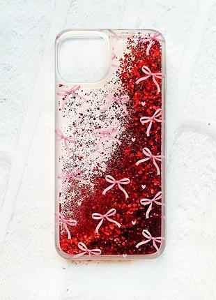 Чехол с плавающими красными блестками на iphone 13 бантики (принт 404)