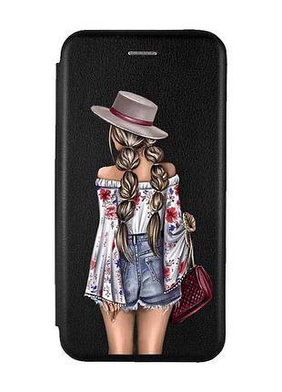 Чехол-книжка черный с рисунком на motorola moto g72 девушка в шляпке (принт 8)