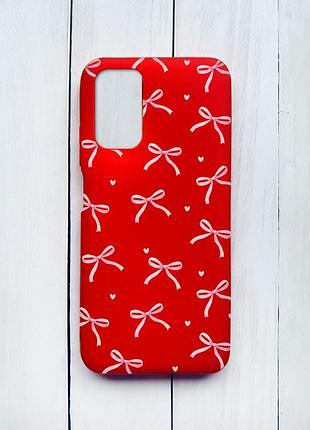 Матовый красный чехол на xiaomi redmi 9t бантики (принт 404)
