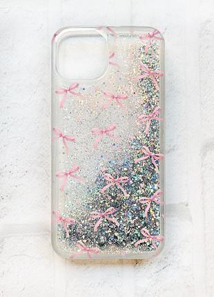 Чехол с плавающими серебряными блестками на iphone 14 бантики (принт 404)