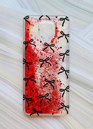 Чохол з плаваючими червоними блискітками на xiaomi redmi note 9 pro/9 pro max/9s бантики (принт 405)
