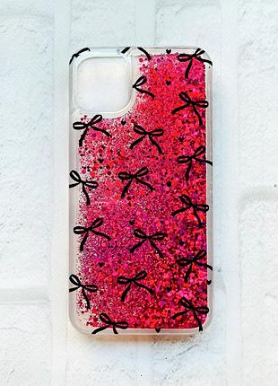 Чохол з плаваючими рожевими блискітками на iphone 11 бантики (принт 405)