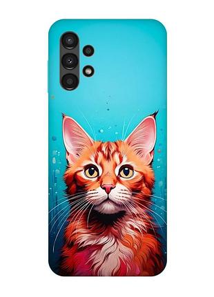 Матовий чохол з бірюзовими боками на samsung galaxy a13 4g кішка (принт 408)
