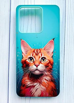 Матовый чехол с бирюзовыми боками на xiaomi redmi note 13 4g кошка (принт 408)