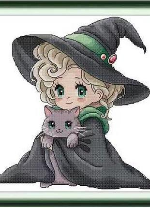 Набір для вишивання за нанесеною на канву схемою "the witch and the cat".aida 14ct printed, 29*29 см