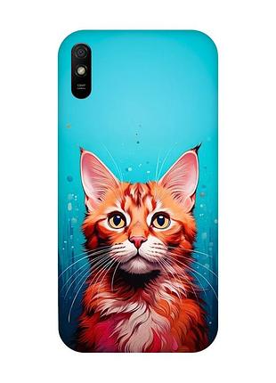 Матовий чохол з червоними боками на xiaomi redmi 9a кішка (принт 408)