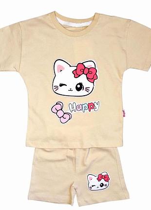 Комплект для девочки футболка и шорты принт hello kitty 80 бежевый