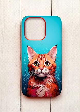 Матовий чохол з червоними боками на iphone 15 pro кішка (принт 408)