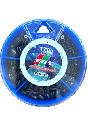 Набор грузов в круглой коробке с ячейками eos clh1-08 (форма олива) 0,37g/ 0,75g/ 1,2g/ 1,8g/ 2g