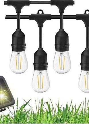 Ретро-гірлянда led edison 10 лампочок із сонячною панеллю, можливо зарядкою від мережі та пультом керування