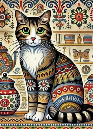 Набір для вишивання за нанесеною на канву схемою "cat and dishes".aida 14ct printed, 40*40 см