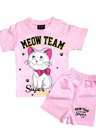 Комплект для девочки футболка и шорты принт котик meow team 92 розовый