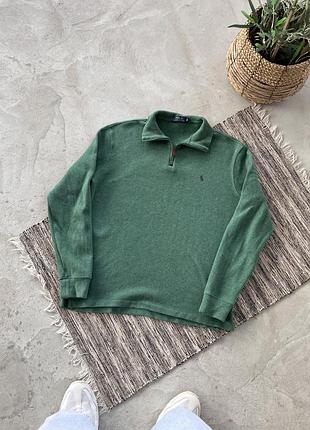 Вінтажний зелений світшот polo ralph lauren напівзамок з маленьким вишитим логотипом прямого крою