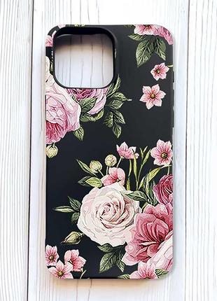 Матовий чорний чохол на iphone 16 pro max рожеві квіти (принт 287)