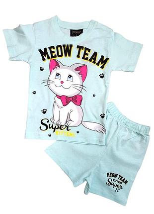Комплект для девочки футболка и шорты принт котик meow team 104 бирюзовый