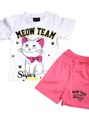 Комплект для девочки футболка и шорты принт котик meow team 128 белый