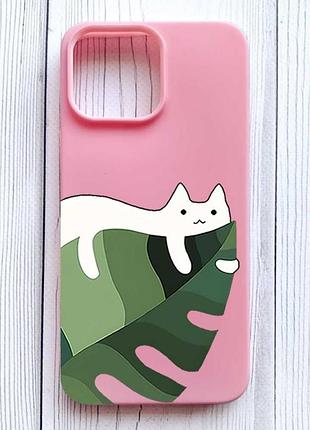 Матовый розовый чехол на iphone 16 pro max кот на листе (принт 367)