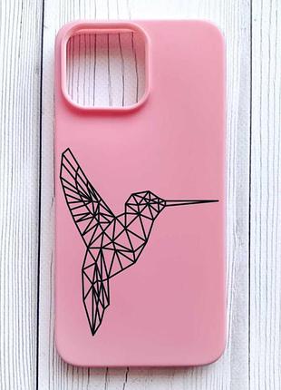 Матовый розовый чехол на iphone 16 pro max колибри (принт 122)