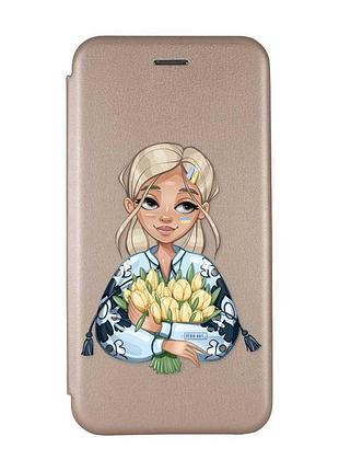 Чехол-книжка золотой с рисунком на xiaomi redmi note 14 4g девушка с тюльпанами (принт 23)