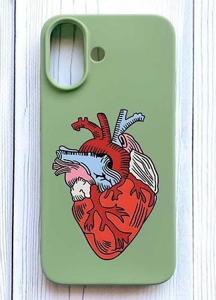 Матовий оливковий чохол на iphone 16 серце анатомічне (принт 250)