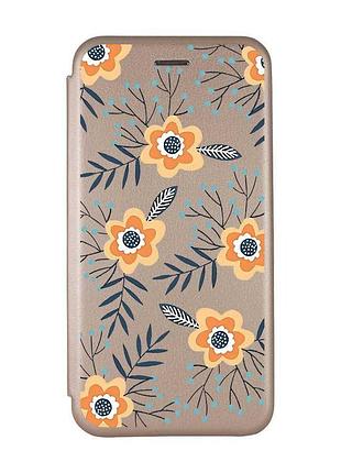 Чехол-книжка золотой с рисунком на xiaomi redmi note 14 4g цветы оранжевые (принт 268)