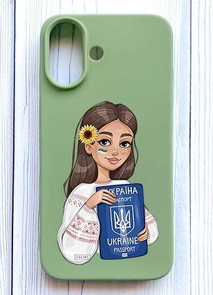 Матовый оливковый чехол на iphone 16 девушка с паспортом (принт 12)