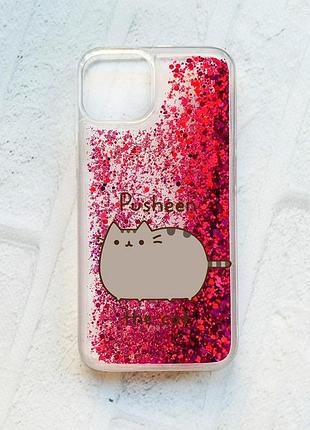 Чехол с плавающими розовыми блестками на iphone 13 пушин котик (принт 412)