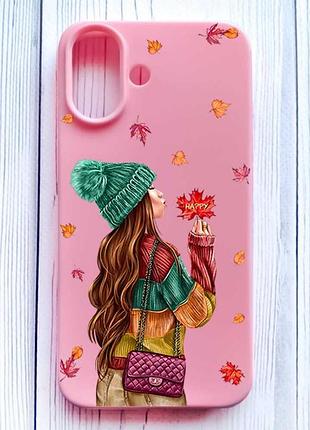 Матовый розовый чехол на iphone 16 девушка с листьями (принт 221)