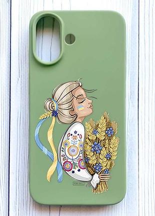 Матовый оливковый чехол на iphone 16 украинка с колосками (принт 173)