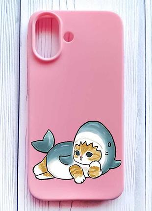 Матовый розовый чехол на iphone 16 котенок акула (принт 355)
