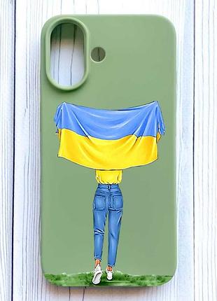 Матовый оливковый чехол на iphone 16 девушка с флагом (принт 263)
