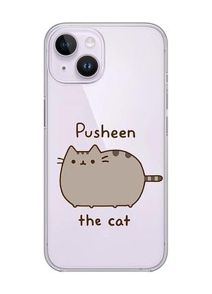 Прозрачный чехол с защитой камеры на iphone 14 пушин котик (принт 412)