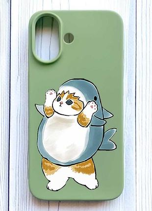 Матовый оливковый чехол на iphone 16 котенок акула (принт 379)