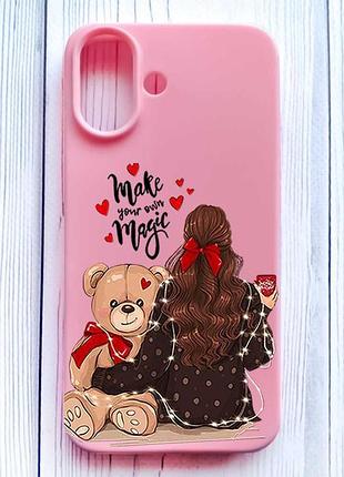 Матовий рожевий чохол на iphone 16 дівчина з ведмедиком (принт 188)