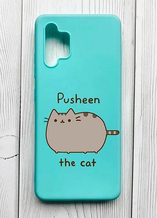 Матовый бирюзовый чехол на samsung galaxy a32 пушин котик (принт 412)