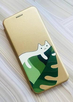 Чехол-книжка золотой с рисунком на xiaomi redmi note 14 4g кот на листе (принт 367)