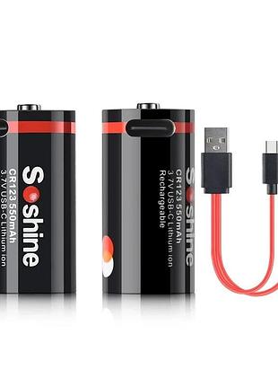Батарейки cr123(16340) аккумуляторные soshine с разъемом usb type-c на 3.7v/550mah li-ion - 2 шт.