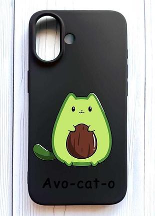 Матовый черный чехол на iphone 16 котик авокадо (принт 306)