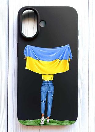 Матовый черный чехол на iphone 16 девушка с флагом (принт 263)