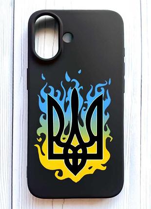 Матовый черный чехол на iphone 16 тризуб пламя (принт 257)