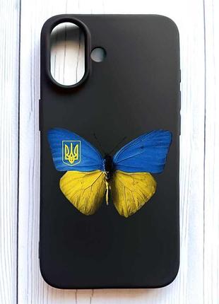 Матовый черный чехол на iphone 16 бабочка украина (принт 255)