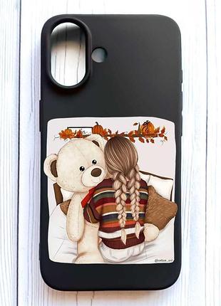 Матовый черный чехол на iphone 16 девочка с мишкой (принт 117)