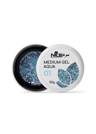 Гель для нарощування nice for you medium gel №01 aqua прозорий з поталлю 50 г