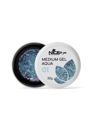 Гель для нарощування nice for you medium gel №01 aqua прозорий з поталлю 30 г