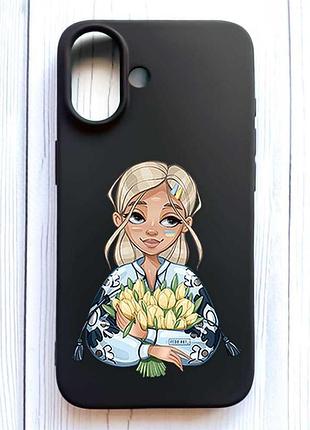 Матовый черный чехол на iphone 16 девушка с тюльпанами (принт 23)